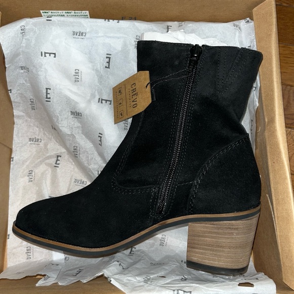 Crevo Jet Black Jade Leather Block Heel Bootie Women’s Size 6 - Picture 3 of 11